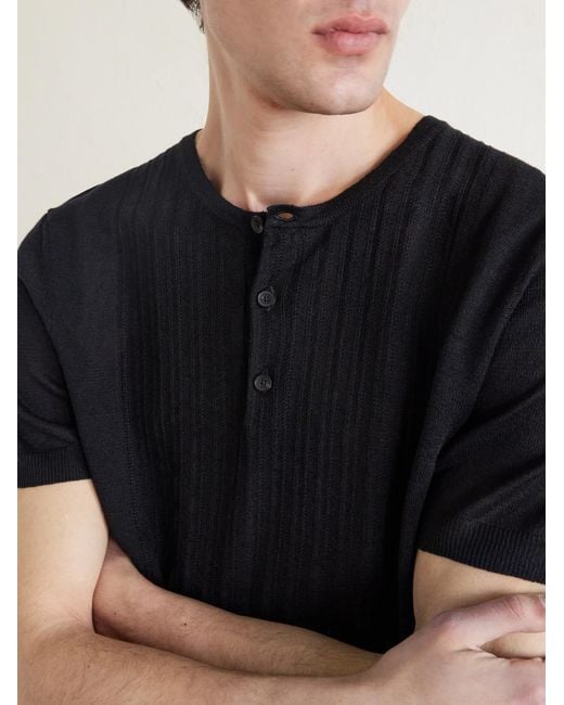 Mr P. Black Pointelle-Knit Linen And Cotton-Blend Henley T-Shirt for men