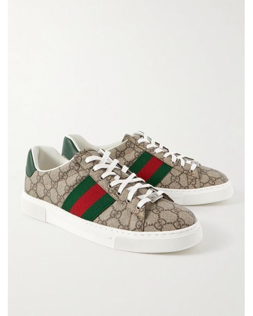 Gucci Brown Ace Leather And Webbing-trimmed Monogrammed Canvas Sneakers for men