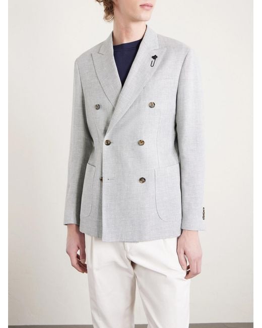 Lardini Gray Roma Slim-fit Embellished Double-breasted Wool And Linen-blend Blazer for men