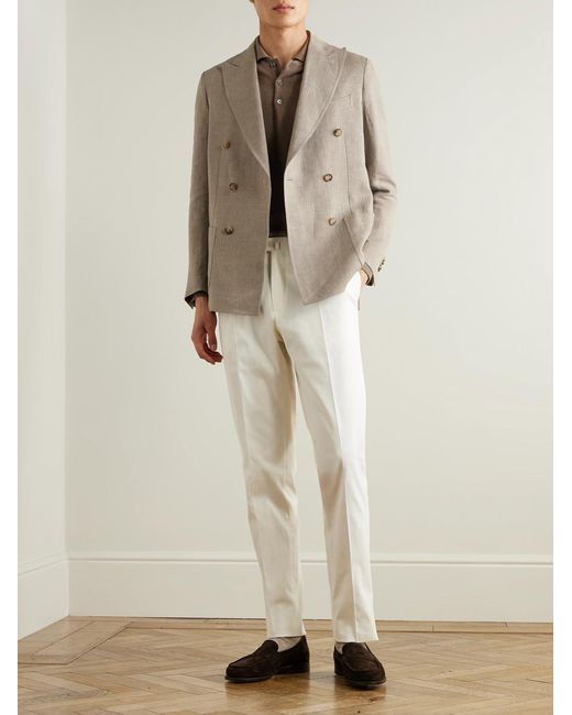 De Petrillo Natural Double-Breasted Herringbone Linen Blazer for men