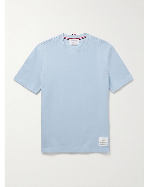 Thom Browne Blue Logo-Appliquéd Striped Cotton-Piqué T-Shirt for men