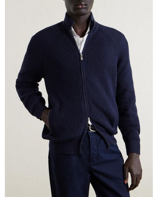 Ribbed Cotton Zip-Up Sweater di Brunello Cucinelli in Blue da Uomo