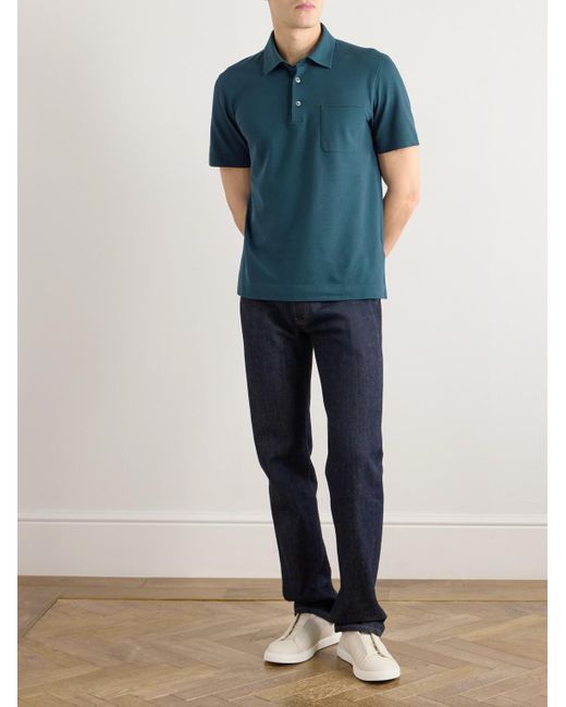 Zegna Blue Slim-Fit Leather-Trimmed Cotton-Piqué Polo Shirt for men