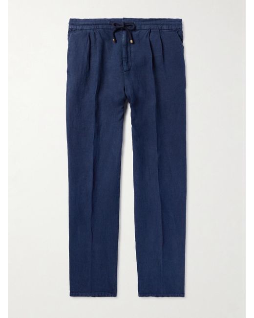 Brunello Cucinelli Blue Straight-leg Linen Drawstring Trousers for men