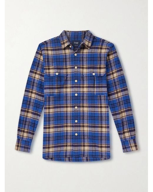 Drake's Blue Checked Brushed Cotton-Flannel Shirt for men