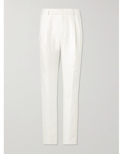 Kingsman White Tapered Pleated Herringbone Linen-twill Suit Trousers for men