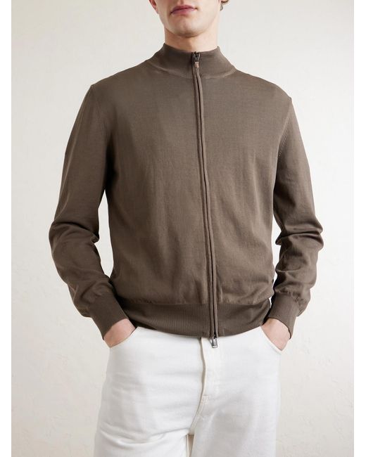 Canali Brown Slim-Fit Cotton Zip-Up Sweater for men