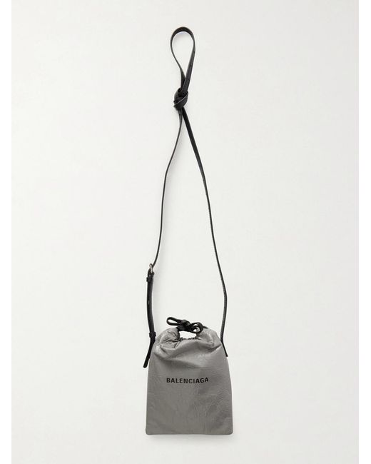 Balenciaga White Shopper Logo-Debossed Crinkled-Leather Phone Pouch for men