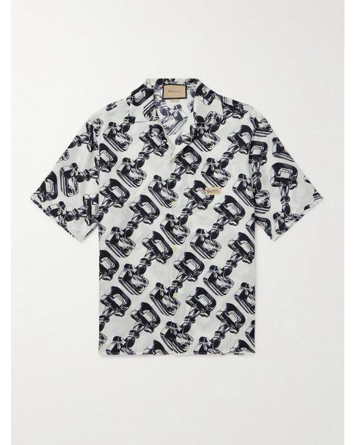 Camicia in twill di seta stampato con colletto aperto di Gucci in White da Uomo