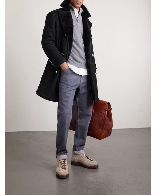 Brunello Cucinelli Black Double-Breasted Shearling Coat for men