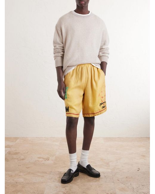 Paly Hollywood Yellow Montauk Embroidered Printed Corduroy-linen Shorts for men