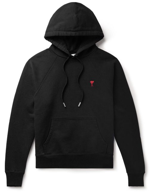 AMI Black Logo-embroidered Organic Cotton-blend Jersey Hoodie for men
