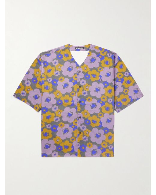 Acne Blue Printed Organic Cotton-Poplin Shirt for men