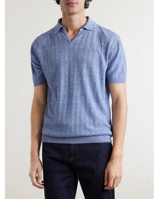 Boglioli Blue Ribbed Linen And Cotton-Blend Polo Shirt for men