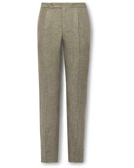 De Petrillo Green Straight-leg Pleated Herringbone Linen Suit Trousers for men