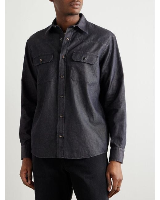 Zegna Blue Slim-Fit Cotton And Linen-Blend Twill Shirt for men