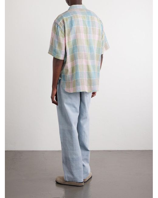 Kardo Blue Ronen Camp-Collar Floral-Embroidered Checked Cotton And Linen-Blend Shirt for men