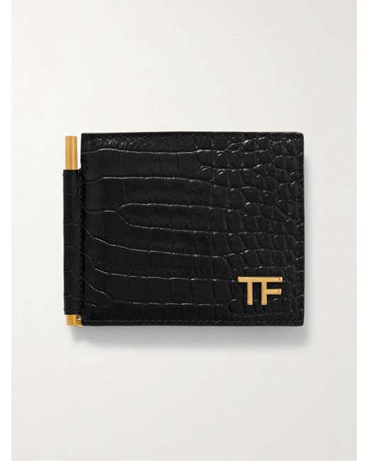 Tom Ford Black Logo-embellished Croc-effect Leather Billfold Wallet And Money Clip for men