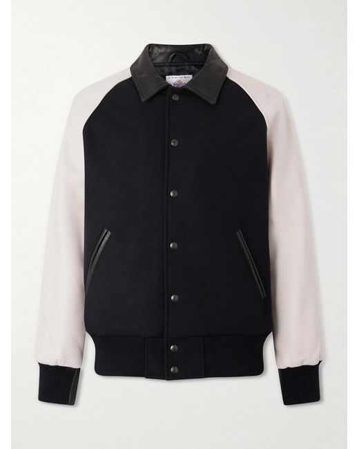 Golden Bear Black Collared Raglan Leather Trimmed Wool-Blend Bomber Jacket for men