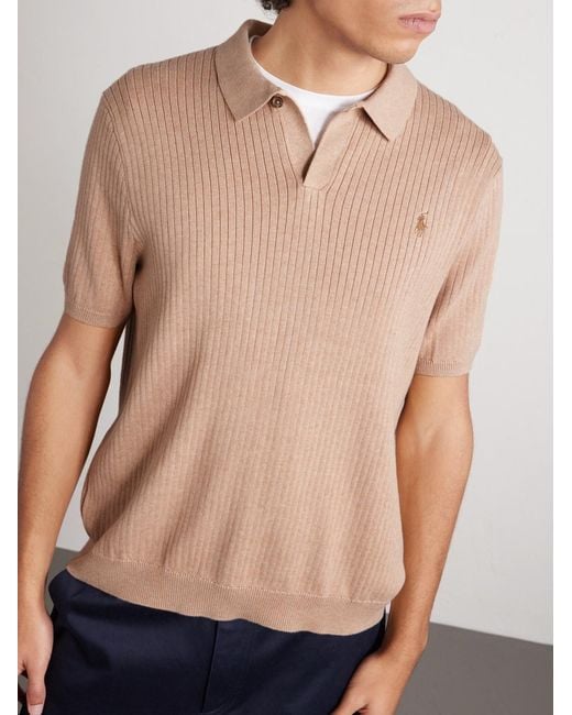 Polo Ralph Lauren Natural Logo-Embroidered Ribbed Cotton Polo Shirt for men