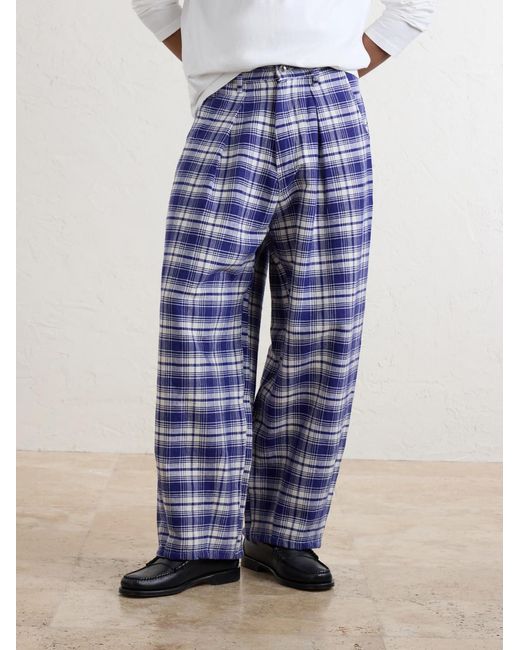STORY mfg. Blue Lush Wide-leg Checked Organic Cotton Trousers for men