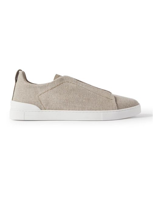 Zegna Gray Triple Stitch Leather-Trimmed Linen-Canvas Slip-On Sneakers for men