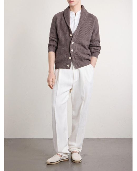 Brunello Cucinelli White Straight-Leg Pleated Herringbone Cotton And Linen-Blend Trousers for men