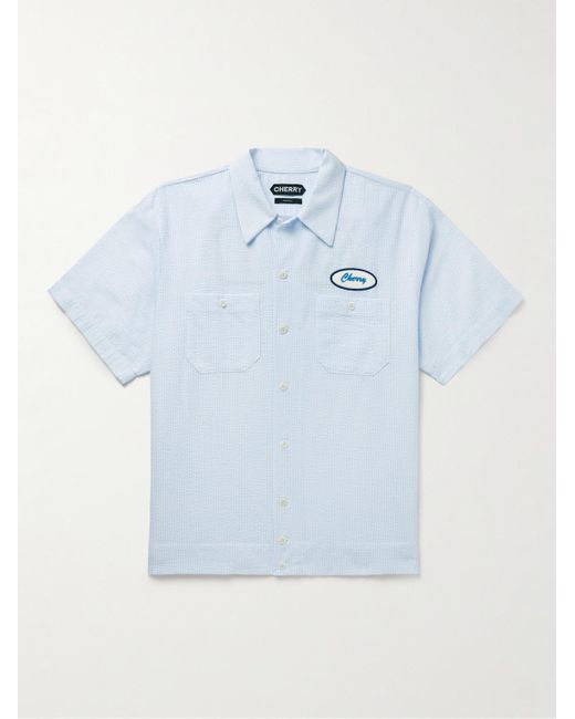 CHERRY LA Blue Logo-appliquéd Cotton-blend Seersucker Shirt for men