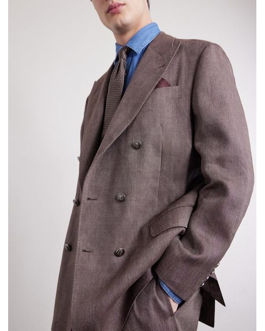 Brunello Cucinelli Purple Double-Breasted Herringbone Linen And Virgin Wool-Blend Suit Jacket for men