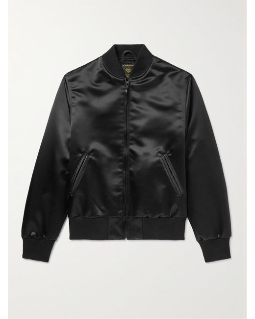 Golden Bear Black Sukajan Leather-Trimmed Satin Bomber Jacket for men