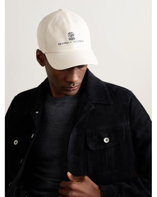 Brunello Cucinelli Natural Logo-embroidered Leather-trimmed Cotton-twill Baseball Cap for men