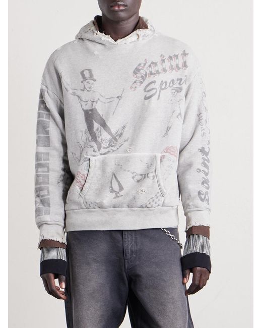 SAINT Mxxxxxx White Printed Distressed Cotton-jersey Hoodie for men