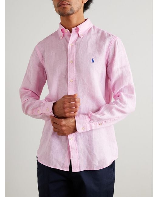 Polo Ralph Lauren Pink Button-Down Collar Logo-Embroidered Linen Shirt for men