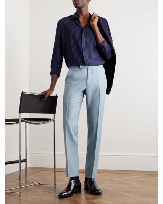 Tom Ford Blue Slim-fit Tapered Belted Wool And Silk-blend Twill Trousers for men