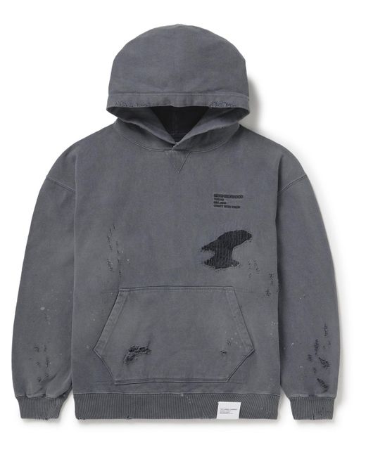 Neighborhood Gray Savage Logo-embroidered Distressed Cotton-jersey Hoodie for men