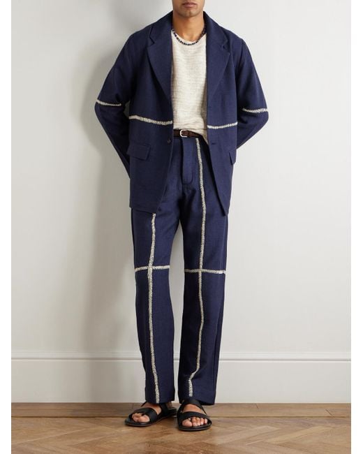 Kartik Research Blue Rabari Straight-Leg Embroidered Textured-Wool Trousers for men