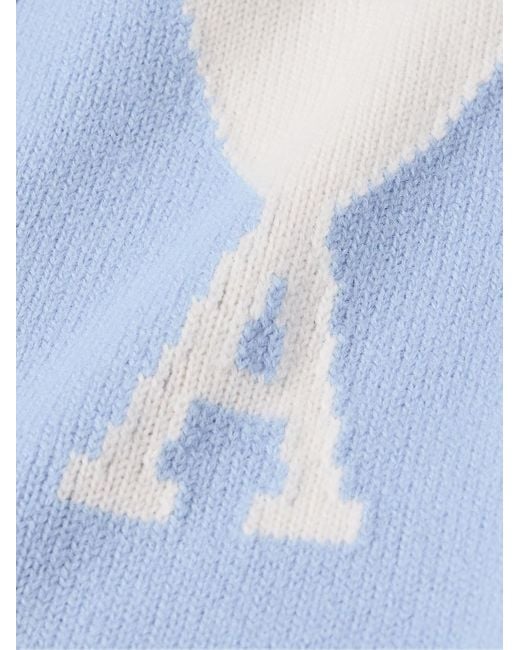 AMI Blue Logo-intarsia Virgin Wool Cardigan for men
