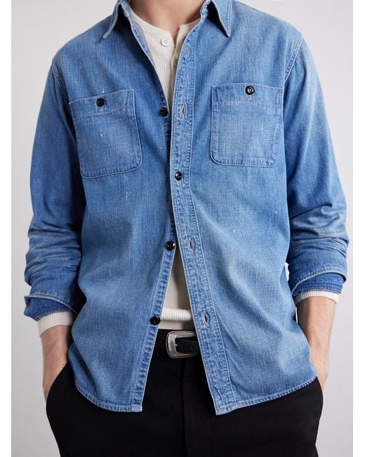 Fullcount Blue Distressed Denim Shirt for men
