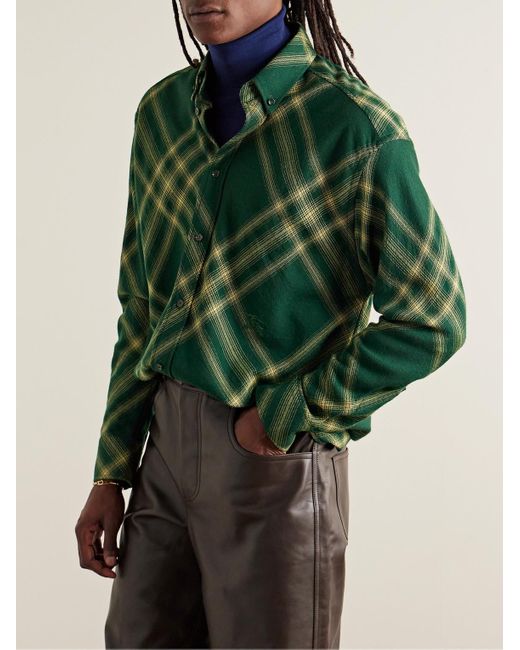 Camicia oversize in flanella di lana a quadri con collo button-down di Burberry in Green da Uomo