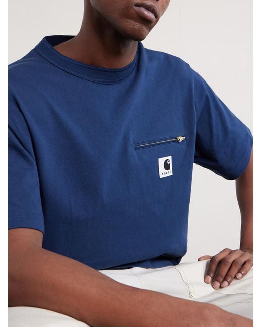 Sacai Blue Carhartt Wip Logo-Appliquéd Cotton-Jersey T-Shirt for men