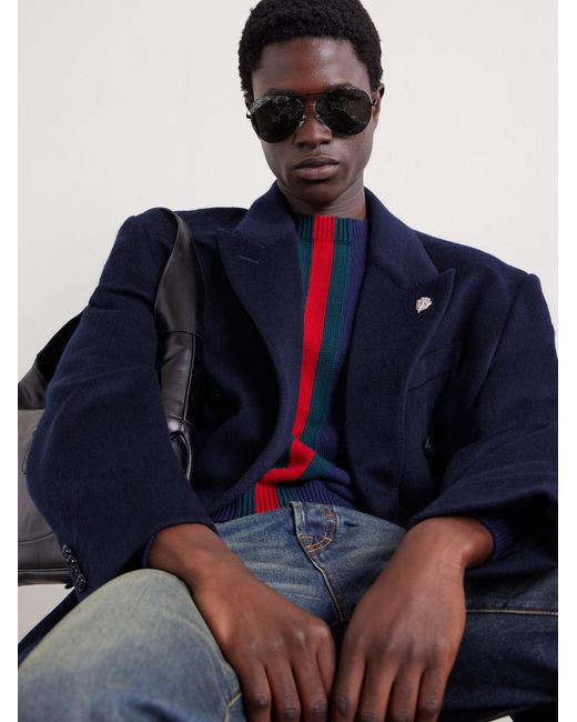 Gucci Blue Slim-Fit Cropped Striped Wool Sweater for men