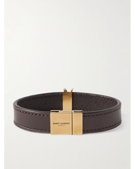 Saint Laurent Brown Cassandre Logo-embellished Leather And Gold-tone Bracelet for men