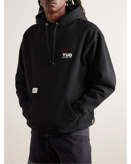 (w)taps Black Logo-embroidered Printed Cotton-jersey Hoodie for men