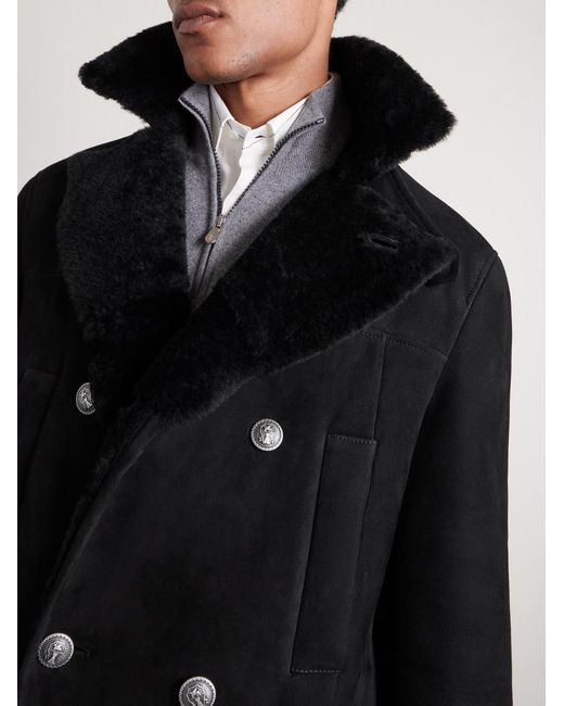 Brunello Cucinelli Black Double-Breasted Shearling Coat for men