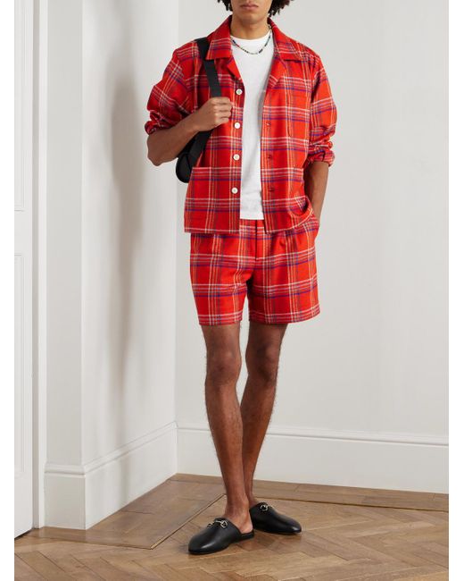 Bode Red Gable Camp-collar Checked Wool Overshirt for men