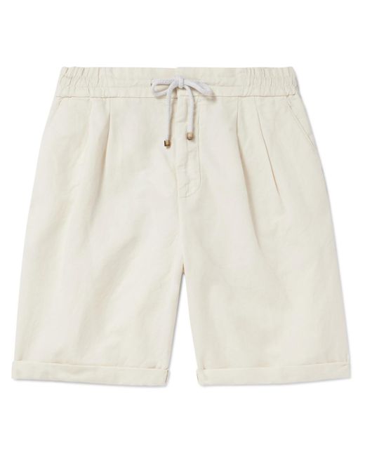 Brunello Cucinelli White Wide-leg Pleated Linen And Cotton-blend Drawstring Shorts for men