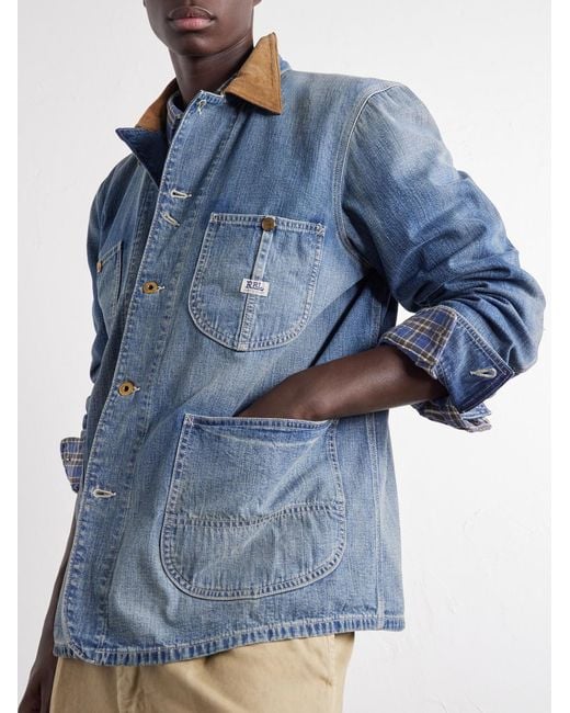 RRL Blue Stockton Corduroy-Trimmed Denim Jacket for men