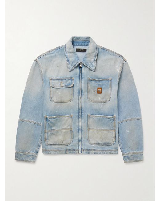Amiri Blue Logo-appliquéd Distressed Denim Jacket for men