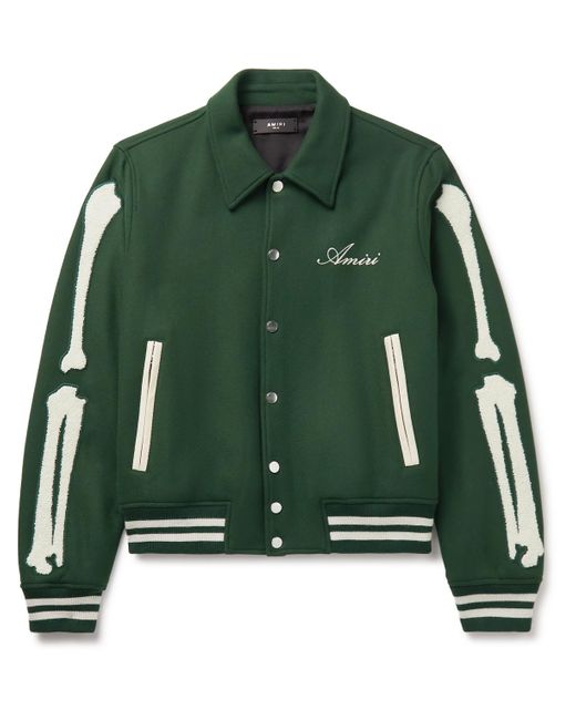 Amiri Green Bones Leather-trimmed Appliquéd Melton Wool-blend Varsity Jacket for men