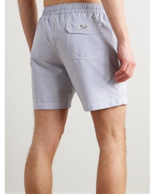 Hartford Blue Slim-Fit Mid-Length Striped Seersucker Swim Shorts for men